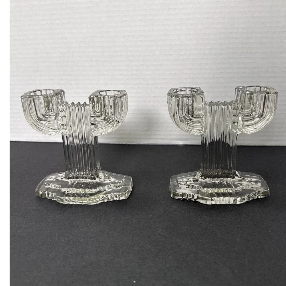 VTG Anchor Hocking Art Deco Clear Glass Queen Mary Double Candle Holder Pair